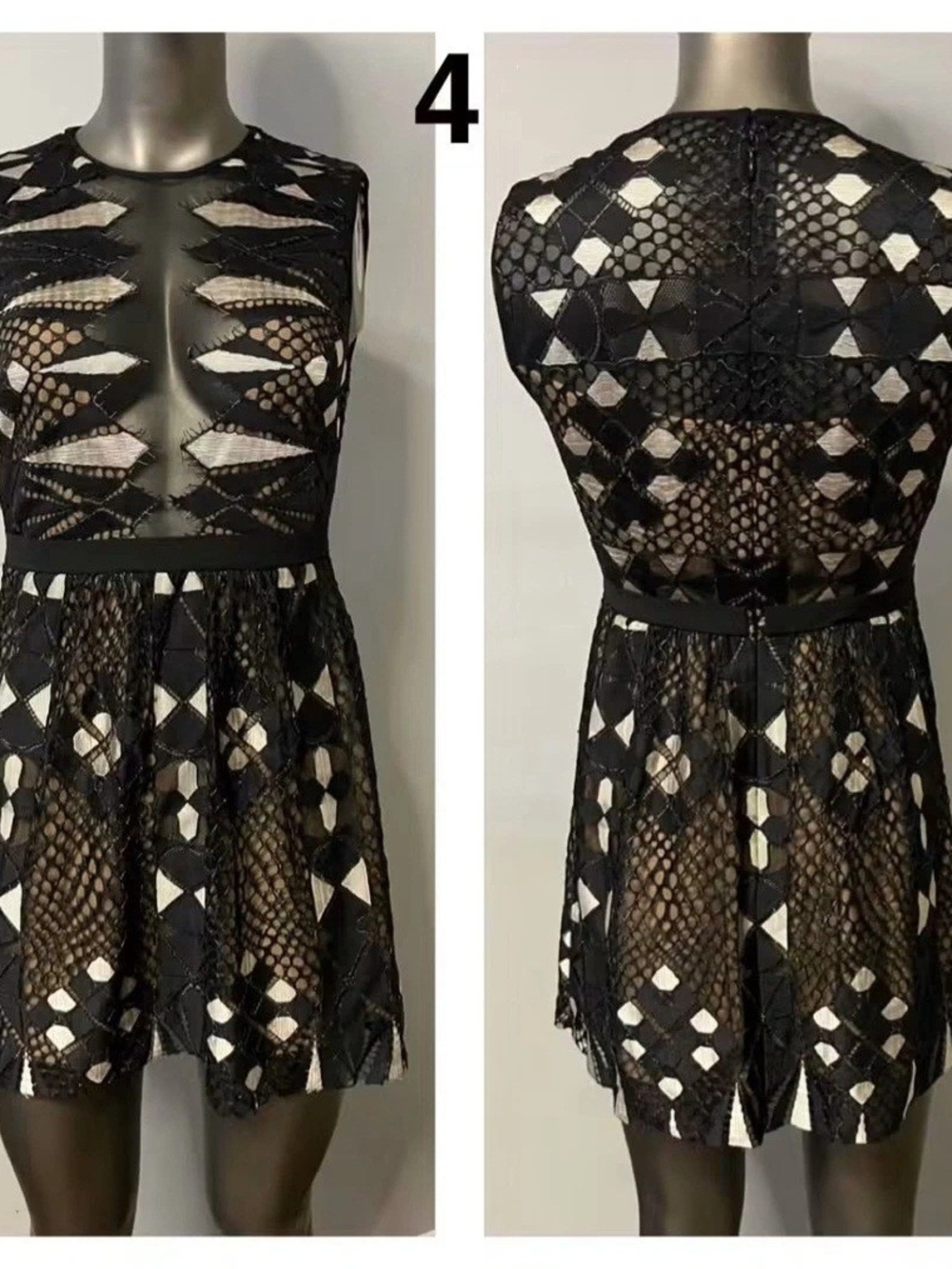 BCBGMAXAZRIA Kailey Lace Dress Size 4 EUC Black Nude Diamond A-Line Cocktail